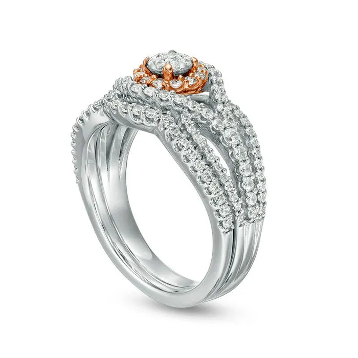 117 CT TW Natural Diamond Frame Bypass Bridal Engagement Ring Set in Solid 10K TwoTone Gold Goldia Rings 117 CT TW Natural Diamond Frame Bypass Bridal Engagement Ring Set in Solid 10K TwoTone Gold Goldia Rings
