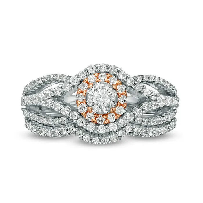 117 CT TW Natural Diamond Frame Bypass Bridal Engagement Ring Set in Solid 10K TwoTone Gold Goldia Rings 117 CT TW Natural Diamond Frame Bypass Bridal Engagement Ring Set in Solid 10K TwoTone Gold Goldia Rings