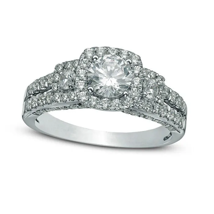 15 CT TW Natural Diamond Cushion Frame Three Stone Engagement Ring in Solid 10K White Gold Goldia Rings 15 CT TW Natural Diamond Cushion Frame Three Stone Engagement Ring in Solid 10K White Gold Goldia Rings