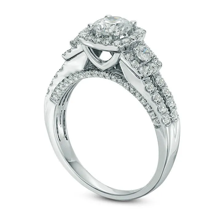 15 CT TW Natural Diamond Cushion Frame Three Stone Engagement Ring in Solid 10K White Gold Goldia Rings 15 CT TW Natural Diamond Cushion Frame Three Stone Engagement Ring in Solid 10K White Gold Goldia Rings