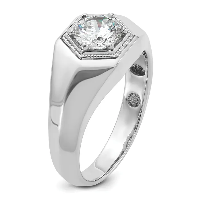 14k White Gold 1 Ct Lab Grown Diamond VSSI G Polished and Beaded Mens Ring Goldia Rings