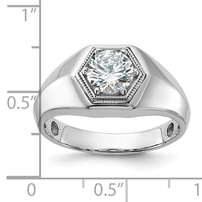 14k White Gold 1 Ct Lab Grown Diamond VSSI G Polished and Beaded Mens Ring Goldia Rings