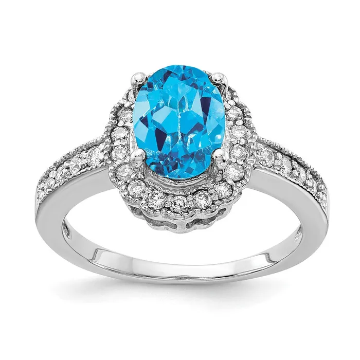 14k White Gold 8x6mm Oval Blue Topaz AAA Diamond ring Goldia Rings
