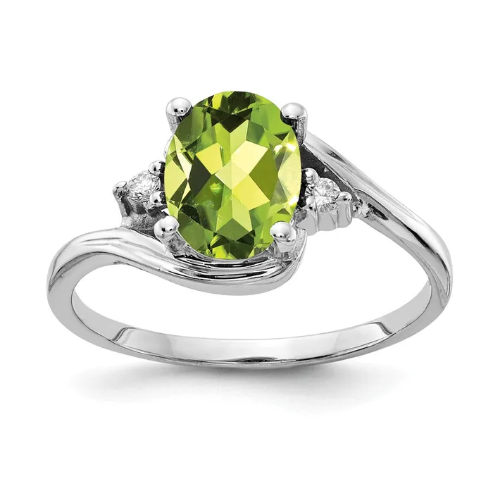 14k White Gold 8x6mm Oval Peridot Checker AAA Diamond ring Goldia Rings