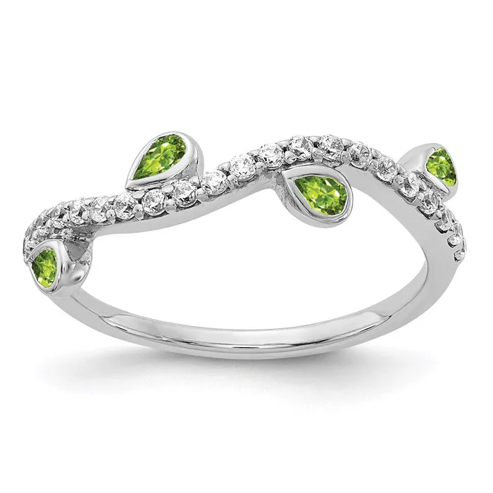 14k White Gold Real Diamond and Pear Peridot Curved Ring Goldia Rings