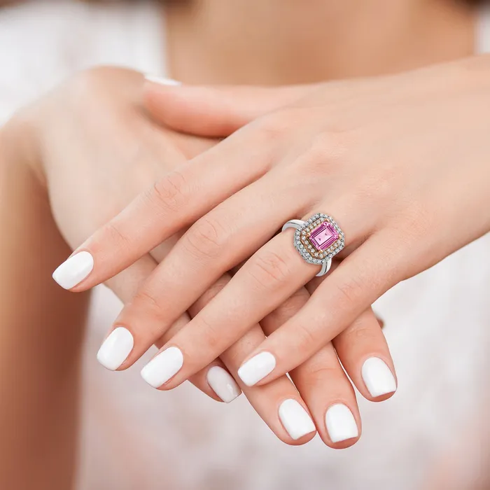 14K WhiteRose Gold TwoTone Rose and White 58 Ct Lab Grown Diamond VSSI G and Lab Created Pink Sapphire Fashion Ring Goldia Rings
