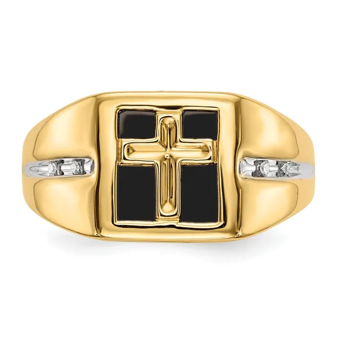 14k Yellow Gold 02 Ct Lab Grown Diamond VSSI G and Onyx Cross Mens Ring Goldia Rings