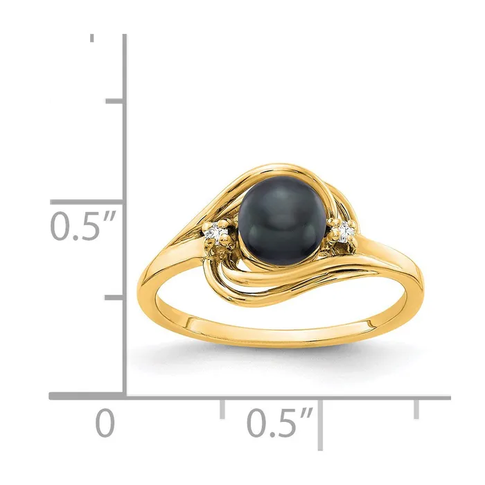 14K Yellow Gold 55mm Black FW Cultured Pearl AAA Real Diamond ring Goldiacom Rings