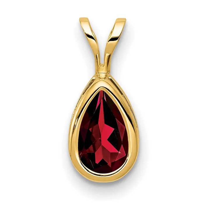 14K Yellow Gold 8x5mm Pear Garnet Checker bezel pendant Goldia Necklaces