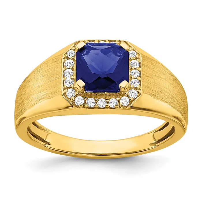 14K Yellow Gold Cushion Created Sapphire and Real Diamond Mens Ring Goldia Rings 14K Yellow Gold Cushion Created Sapphire and Real Diamond Mens Ring Goldia Rings