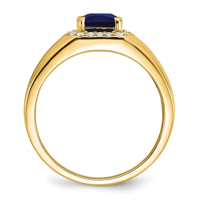 14K Yellow Gold Cushion Created Sapphire and Real Diamond Mens Ring Goldia Rings
