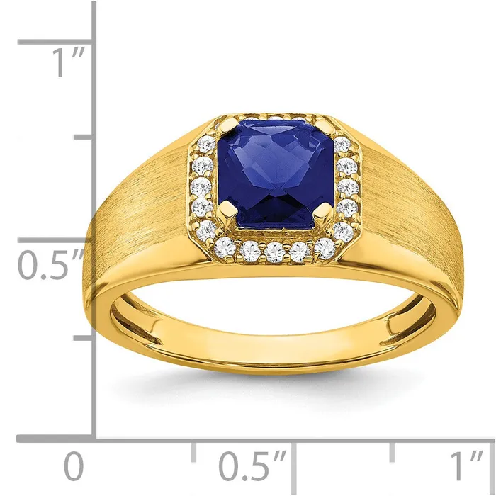 14K Yellow Gold Cushion Created Sapphire and Real Diamond Mens Ring Goldia Rings