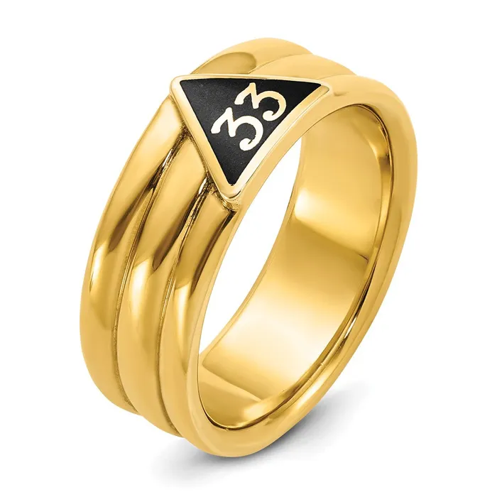 14k Yellow Gold Mens Polished and Grooved with Black Enamel Active 33rd Degree Masonic Ring Goldia Rings
