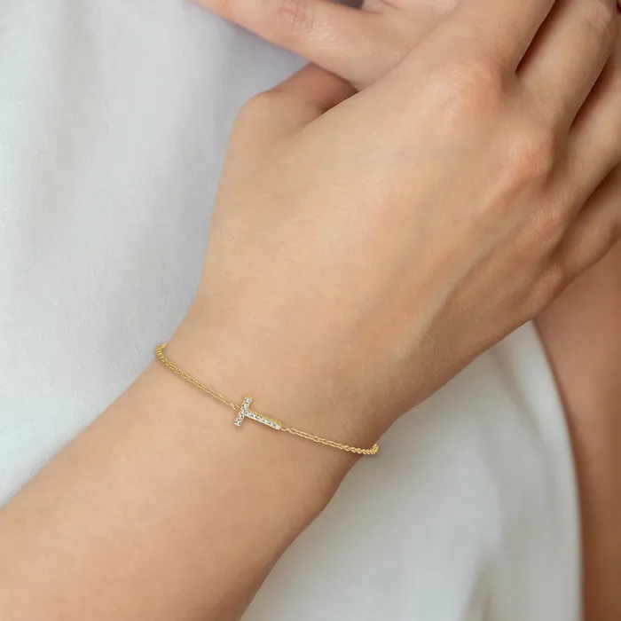 14k Yellow Gold Natural Diamond Sideways Letter T w 1in ext Bracelet goldiaca Bracelets