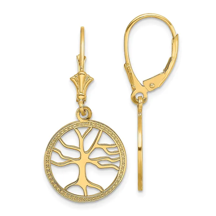 14k Yellow Gold Tree of Life In Round Frame Leverback Earrings Goldia Earrings