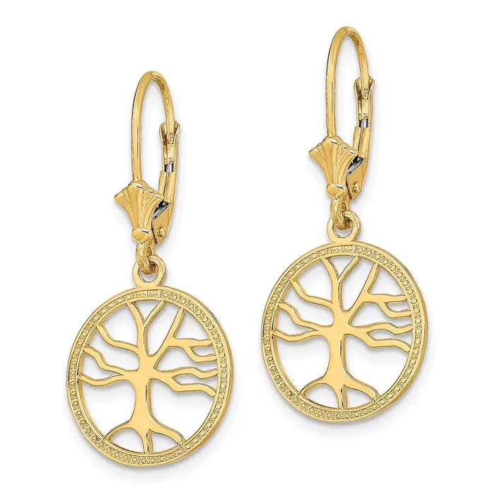14k Yellow Gold Tree of Life In Round Frame Leverback Earrings Goldia Earrings