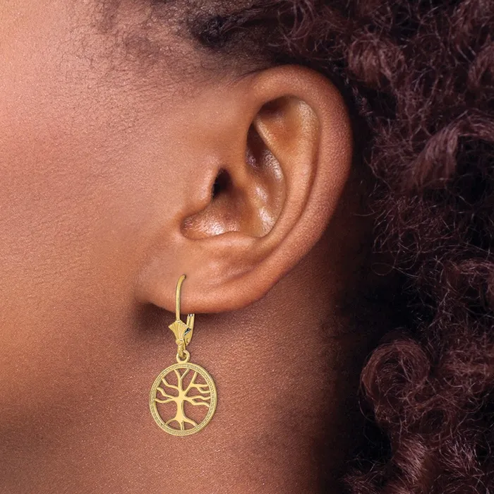 14k Yellow Gold Tree of Life In Round Frame Leverback Earrings Goldia Earrings