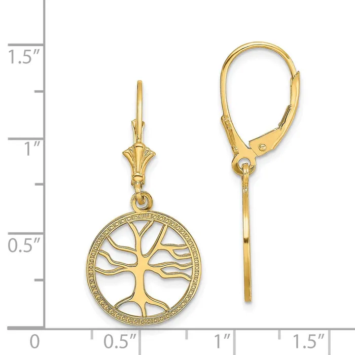 14k Yellow Gold Tree of Life In Round Frame Leverback Earrings Goldia Earrings