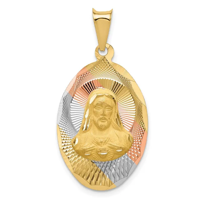 14k Yellow Rhodium Gold wRose and White Rhodium DC Sagrado Corazon Oval Pendant Goldia Necklaces 14k Yellow Rhodium Gold wRose and White Rhodium DC Sagrado Corazon Oval Pendant Goldia Necklaces