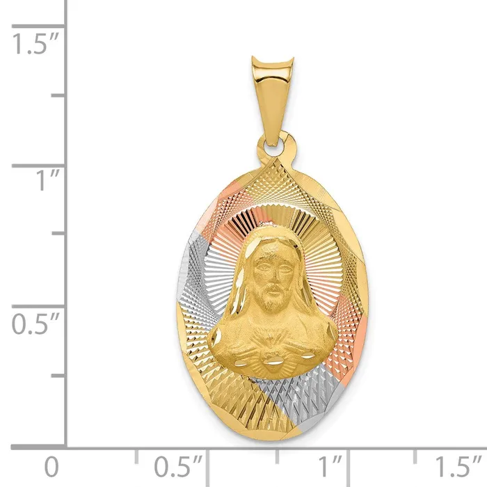 14k Yellow Rhodium Gold wRose and White Rhodium DC Sagrado Corazon Oval Pendant Goldia Necklaces