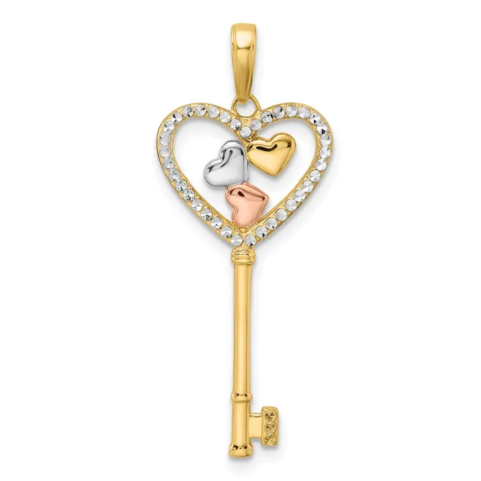 14k Yellow Rhodium Gold wWhite and Rose Rhodium Diamondcut Hearts Key Pendant Goldia Necklaces 14k Yellow Rhodium Gold wWhite and Rose Rhodium Diamondcut Hearts Key Pendant Goldia Necklaces