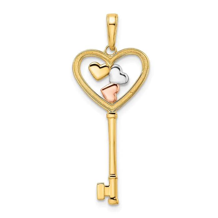 14k Yellow Rhodium Gold wWhite and Rose Rhodium Diamondcut Hearts Key Pendant Goldia Necklaces