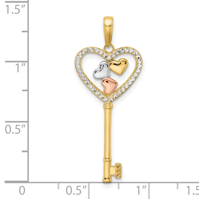 14k Yellow Rhodium Gold wWhite and Rose Rhodium Diamondcut Hearts Key Pendant Goldia Necklaces
