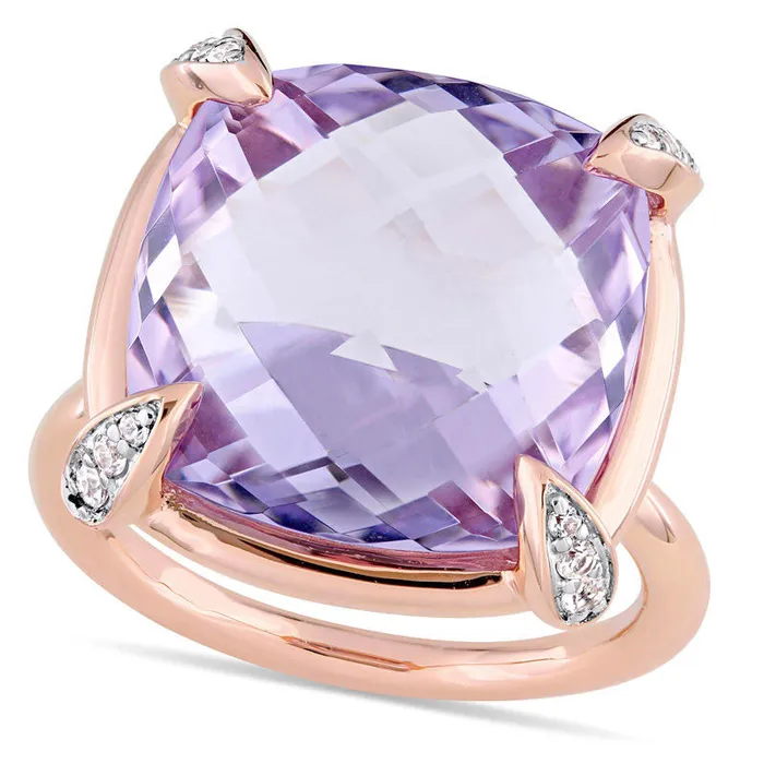 150mm Faceted CushionCut Rose de France Amethyst and White Sapphire Ring in Solid 14K Rose Gold Goldia Rings 150mm Faceted CushionCut Rose de France Amethyst and White Sapphire Ring in Solid 14K Rose Gold Goldia Rings