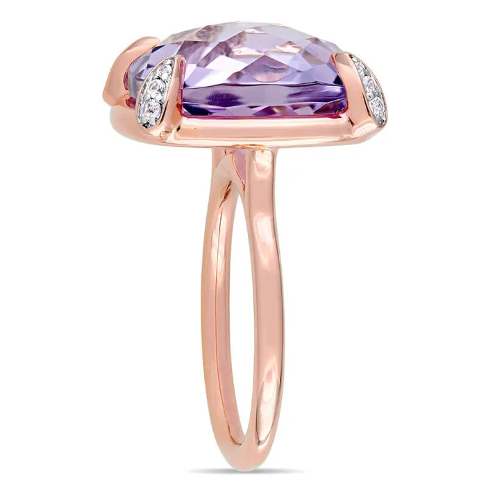 150mm Faceted CushionCut Rose de France Amethyst and White Sapphire Ring in Solid 14K Rose Gold Goldia Rings 150mm Faceted CushionCut Rose de France Amethyst and White Sapphire Ring in Solid 14K Rose Gold Goldia Rings