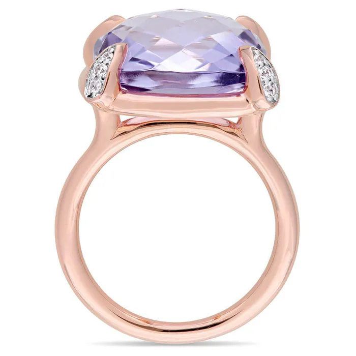 150mm Faceted CushionCut Rose de France Amethyst and White Sapphire Ring in Solid 14K Rose Gold Goldia Rings 150mm Faceted CushionCut Rose de France Amethyst and White Sapphire Ring in Solid 14K Rose Gold Goldia Rings