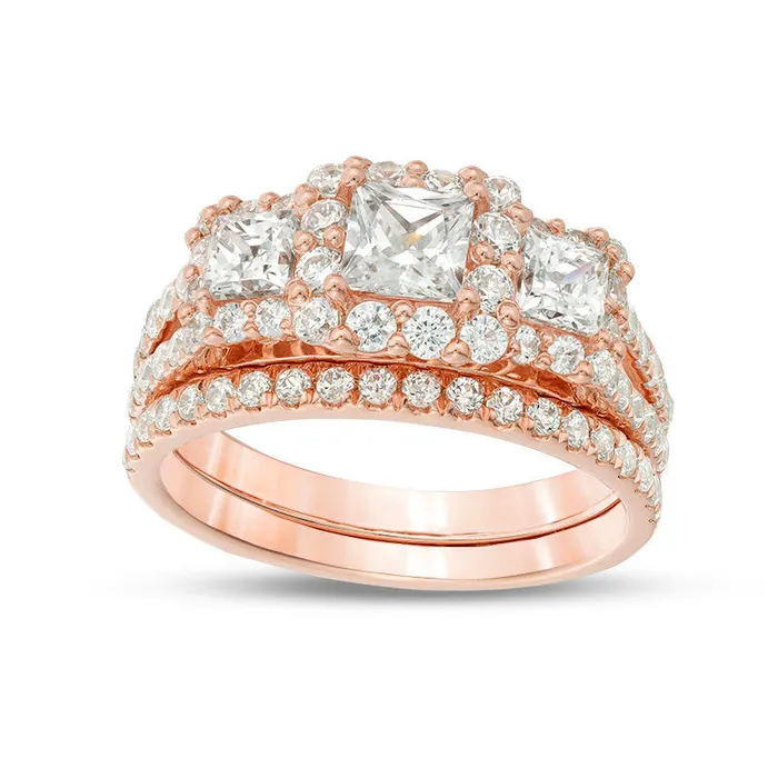 220 CT TW PrincessCut Natural Diamond Three Stone Frame Bridal Engagement Ring Set in Solid 14K Rose Gold Goldia Rings 220 CT TW PrincessCut Natural Diamond Three Stone Frame Bridal Engagement Ring Set in Solid 14K Rose Gold Goldia Rings