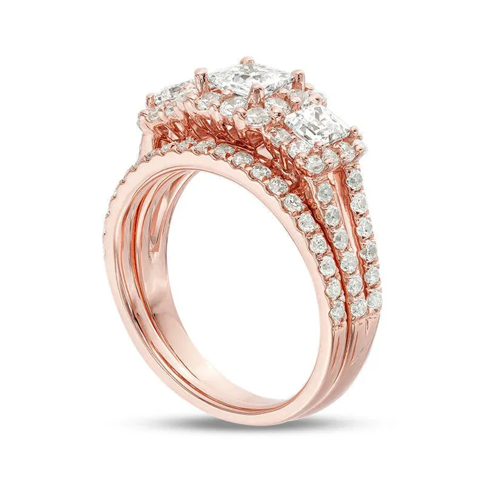 220 CT TW PrincessCut Natural Diamond Three Stone Frame Bridal Engagement Ring Set in Solid 14K Rose Gold Goldia Rings 220 CT TW PrincessCut Natural Diamond Three Stone Frame Bridal Engagement Ring Set in Solid 14K Rose Gold Goldia Rings