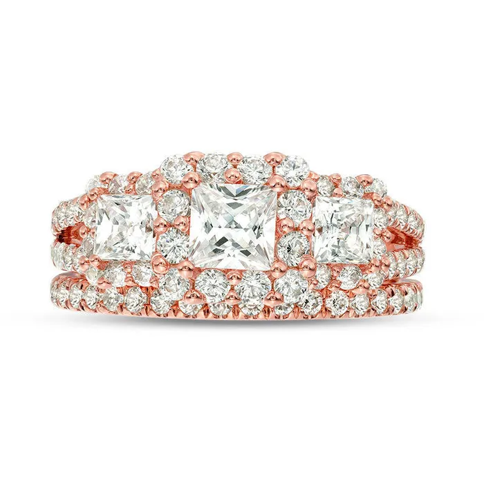 220 CT TW PrincessCut Natural Diamond Three Stone Frame Bridal Engagement Ring Set in Solid 14K Rose Gold Goldia Rings 220 CT TW PrincessCut Natural Diamond Three Stone Frame Bridal Engagement Ring Set in Solid 14K Rose Gold Goldia Rings