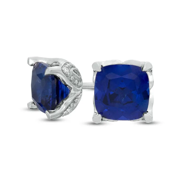60mm CushionCut LabCreated Blue Sapphire and Diamond Accent Stud Earrings in 10K White Gold Goldia Earrings 60mm CushionCut LabCreated Blue Sapphire and Diamond Accent Stud Earrings in 10K White Gold Goldia Earrings