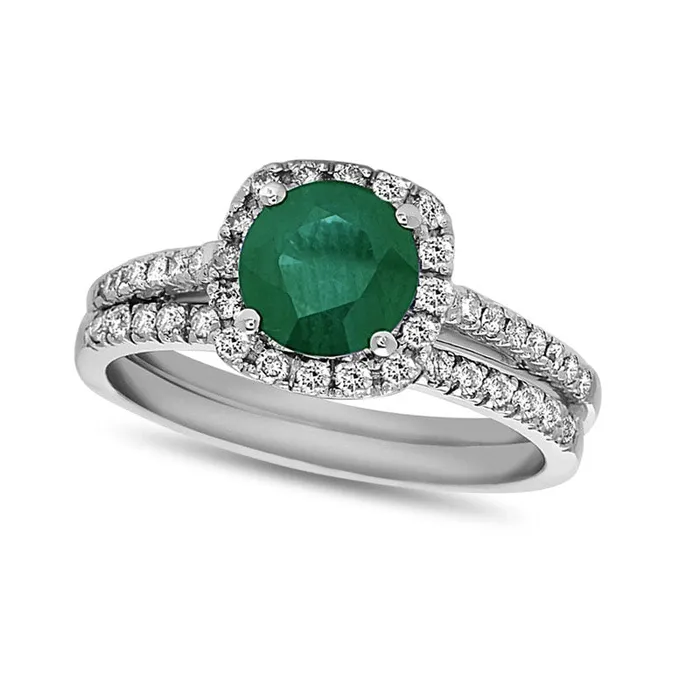 60mm Emerald and 038 CT TW Natural Diamond Frame Bridal Engagement Ring Set in Solid 14K White Gold Goldia Rings 60mm Emerald and 038 CT TW Natural Diamond Frame Bridal Engagement Ring Set in Solid 14K White Gold Goldia Rings