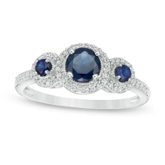 Blue Sapphire and 017 CT TW Natural Diamond Frame Three Stone Ring in Solid 10K White Gold Goldia Rings Blue Sapphire and 017 CT TW Natural Diamond Frame Three Stone Ring in Solid 10K White Gold Goldia Rings