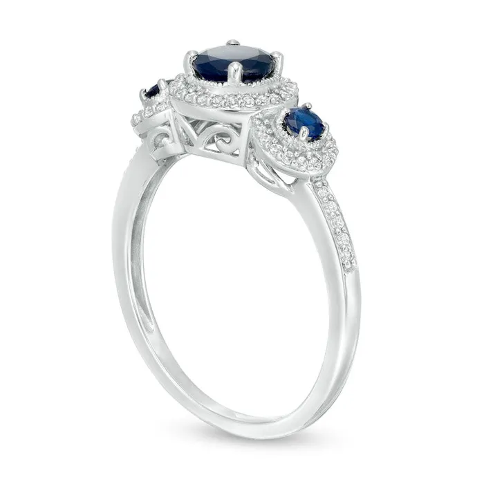 Blue Sapphire and 017 CT TW Natural Diamond Frame Three Stone Ring in Solid 10K White Gold Goldia Rings Blue Sapphire and 017 CT TW Natural Diamond Frame Three Stone Ring in Solid 10K White Gold Goldia Rings
