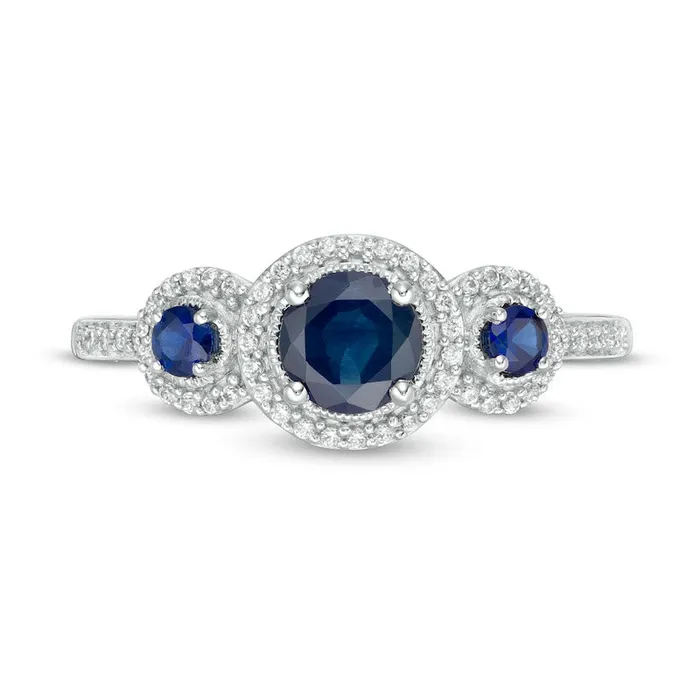 Blue Sapphire and 017 CT TW Natural Diamond Frame Three Stone Ring in Solid 10K White Gold Goldia Rings Blue Sapphire and 017 CT TW Natural Diamond Frame Three Stone Ring in Solid 10K White Gold Goldia Rings