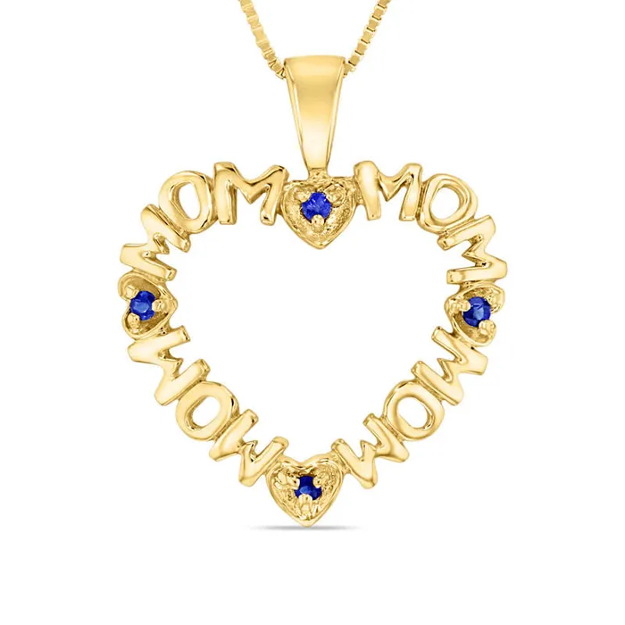Blue Sapphire Repeating MOM Heart Pendant in 14K Gold Goldia Necklaces