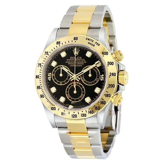 Bracelets JMS always Original Rolex Cosmograph Daytona Black set with Diamonds Dial Stainless steel and 18K Yellow Gold Oyster Bracelet Automatic Mens Watch 116523BKDO