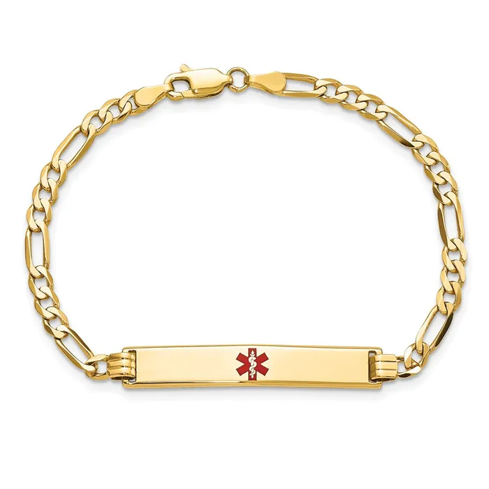 Bracelets MDS Solid 14K Yellow Gold Medical Red Enamel Flat Figaro Link ID Bracelet Bracelets MDS Solid 14K Yellow Gold Medical Red Enamel Flat Figaro Link ID Bracelet