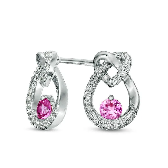 Earrings 30mm LabCreated Pink Sapphire and 017 CT TW Diamond Heart Knot Teardrop Earrings in 10K White Gold Goldia Earrings 30mm LabCreated Pink Sapphire and 017 CT TW Diamond Heart Knot Teardrop Earrings in 10K White Gold Goldia