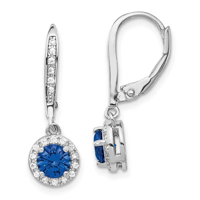 Earrings Cheryl M Sterling Silver Rhodiumplated Brilliantcut Lab Created Dark Blue Spinel and Brilliantcut White CZ Round Halo Leverback Dangle Earrings Goldia