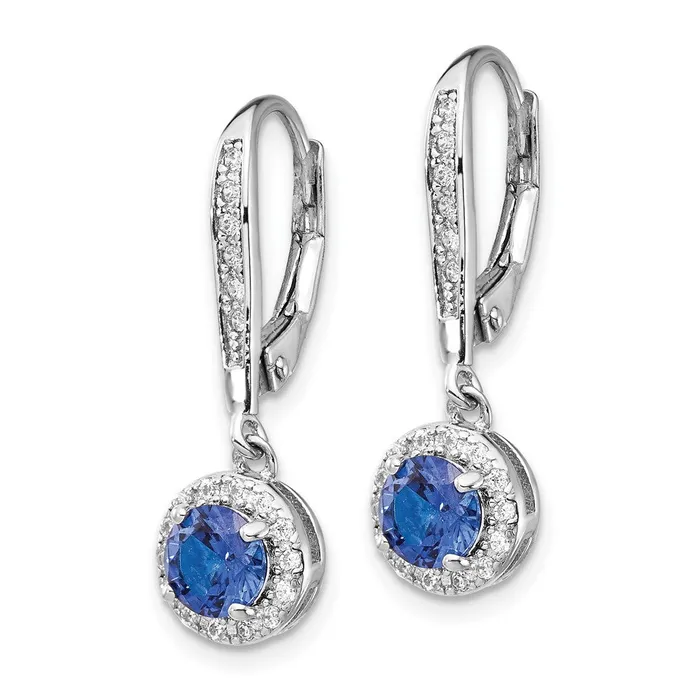 Earrings Cheryl M Sterling Silver Rhodiumplated Brilliantcut Lab Created Dark Blue Spinel and Brilliantcut White CZ Round Halo Leverback Dangle Earrings Goldia