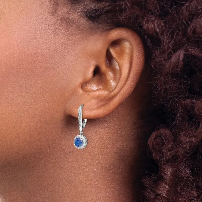 Earrings Cheryl M Sterling Silver Rhodiumplated Brilliantcut Lab Created Dark Blue Spinel and Brilliantcut White CZ Round Halo Leverback Dangle Earrings Goldia