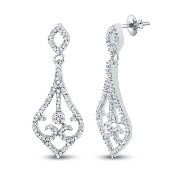 Earrings gndatlanta 14k White Gold Round Diamond Scroll Teardrop Dangle Earrings 13 Cttw