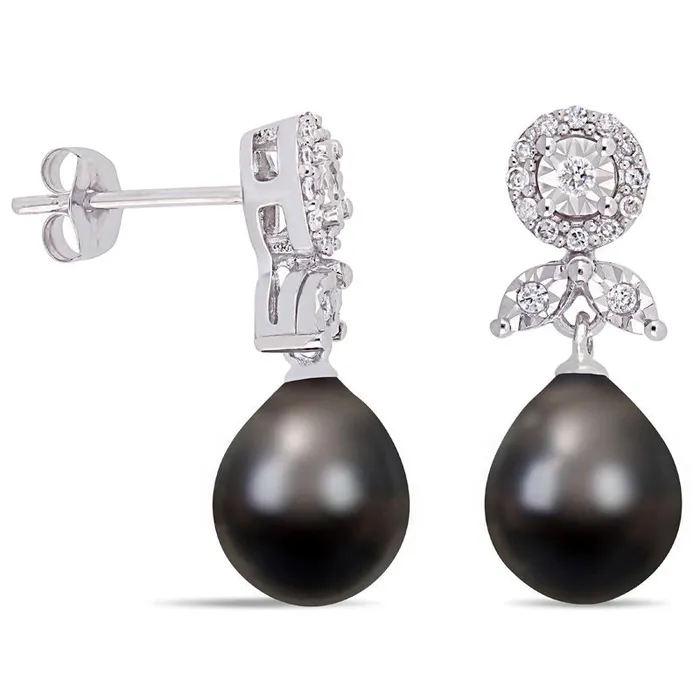 Earrings Goldia 80 85mm Oval Black Cultured Tahitian Pearl and 02 CT TW Diamond Flower Drop Earrings in 10K White Gold