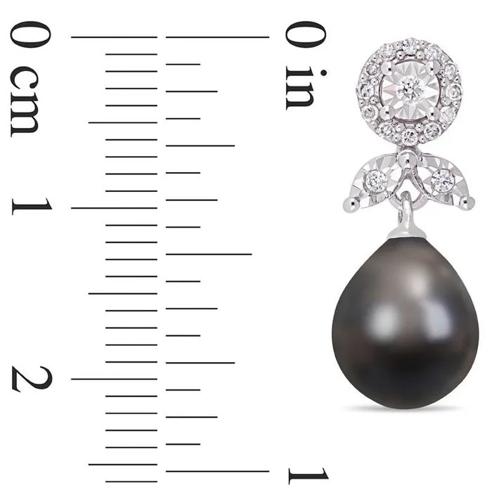Earrings Goldia 80 85mm Oval Black Cultured Tahitian Pearl and 02 CT TW Diamond Flower Drop Earrings in 10K White Gold Earrings Goldia 80 85mm Oval Black Cultured Tahitian Pearl and 02 CT TW Diamond Flower Drop Earrings in 10K White Gold