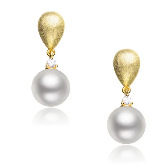 Earrings JMS always Original Megan Walford Cubic Zirconia Sterling Silver Brushed Gold Plated Pearl Drop Earrings