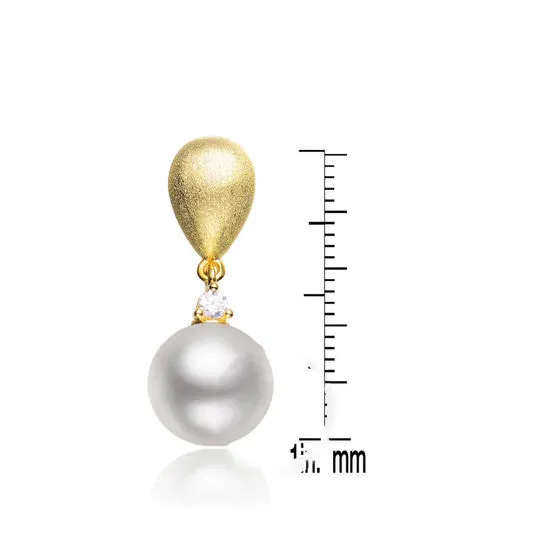 Earrings JMS always Original Megan Walford Cubic Zirconia Sterling Silver Brushed Gold Plated Pearl Drop Earrings